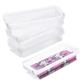 Bins & Things Stackable Pencil Boxes with Latching Lids, Set of 4 - Large Capacity Transparent School Supply Organizer - Crayon Organizers and Storage - Durable Transparent Design - 2" Hx8 Lx4 W