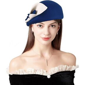 RZTA Women's Vintage 100% Wool with Plaid Felt Cloche Bucket Bowler Hat Winter Vintage Bow Fedoras Church Fascinator Hat B1-White