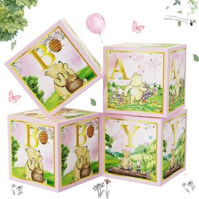 158pcs Pink Classic Winnie Baby Shower Decorations Kit, Vintage Winnie Party Supplies Decorations, Classic Pooh Backdrop Cake Topper, Winnie Baby Tablecloth Box Decorations for Girl Boy Baby Shower