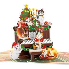 Christmas Piano Cats Pop Up Card, Cute Cats on Piano, Christmas Tree, Presents, Funny 3D Greeting Card, Ideal Gift for Cat Fan, Cat Person, Kid, Boy, Girl, Sister, Brother, 5x7