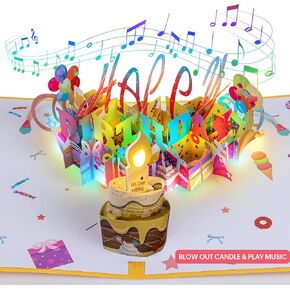 3D Musical Birthday Popup Card, Blowable/Blow Out LED Light Candle and Play Happy Birthday Music for Kids Men and Women