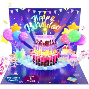 Birthday Cards, Musical Pop Up Birthday Cards with Light, Blow Out LED Light Candle and Play Happy Birthday Music Pop Up Card, Birthday Gifts for Women Men Husband Wife Kids Greeting Cards