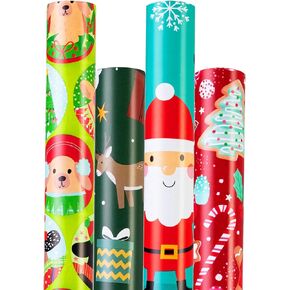 Christmas Wrapping Paper (4 Rolls: 93 sq. ft. ttl) Santa Claus Carrying Gifts, Candy Cane, Reindeer, Christmas Tree/Bell, Dogs Pattern- Christmas Elements Collection - 17 inches x 16.5 feet Per Roll