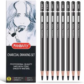 PANDAFLY Professional Charcoal Pencils Drawing Set - 8 Pieces Soft Medium and Hard Charcoal Pencils for Drawing, Sketching, Shading