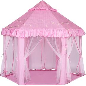 Kids Play Tent for Girls - Large Princess Castle Play Tent, Indoor & Outdoor Pop up Playhouse with Star Lights Kids Toddlers Toys Gifts for 3 4 5 6 7 8 9 Year Old Girls Boys (Hexagon Pink 140x135cm)