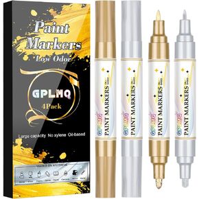 Permanent Paint Pens, 4 Pack Dual Tip Oil Based Paint Markers (0.7mm&3mm), Waterproof, Quick Dry, Fine Tip Paint Pens for Rock Painting, Wood, Plastic, Glass, Fabric, Canvas, Metal(Gold/Silver)