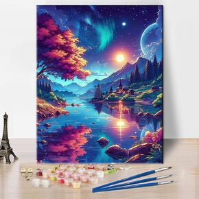 Axquilon Moon Paint by Numbers Kit for Adults-Landscape Paint-by-Number Kits, Scenery Paint by Number Perfect for Gift Home Wall Decor(Moonlight Lake 16" x 20" Unframed)