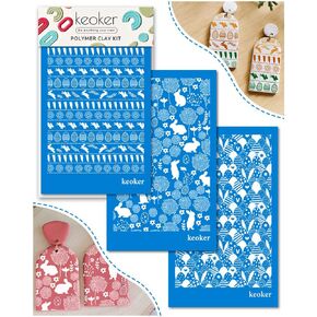 KEOKER Easter Silk Screen for Polymer Clay, 3PCS Easter Silk Screen Polymer Clay, Easter Day Silk Screen Stencils for Polymer Clay, Rabbit Pattern Polymer Clay Stencil (Easter Eggs)