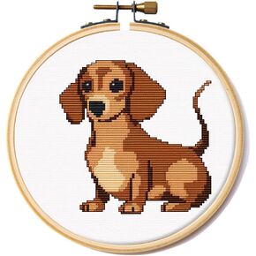 Generic Cartoon Brown Dachshund DIY 11CT Stamped Cross Stitch Kits Easy for Beginners Children with Hoop Needlepoint Counted Embroidery Kits Art Craft Wall Decoration 12x12inch(7)