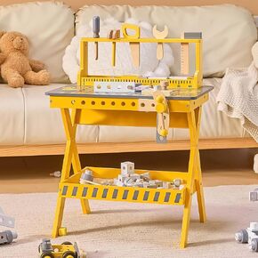 Kids Tool Set, Kids Tool Bench with Multiple Ceative Pieces Toddler Toy, Wooden Toddler Workbench with Realistic Construction Toy, Toy Tools Set for 3-7 Years Old Boys and Girls, Dark Blue