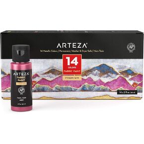 ARTEZA Metallic Fabric Paint, Set of 14, Permanent Paint, Textile Paint for Drawing on T-Shirts, Denim, Cotton, Linen, and Mixed Fabrics