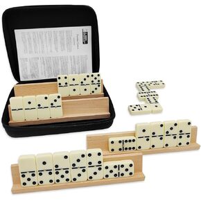 Dominoes Set for Adults with 4 Wooden Racks/Trays, Double 6 Dominoes Travel Set with Portable Case Double Six Dominoes Set with 4 Tiles Holders, 28 Tiles Dominos Set for Family Board Games