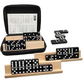 Dominoes Set for Adults with 4 Wooden Racks/Trays, Double 6 Dominoes Travel Set with Portable Case Double Six Dominoes Set with 4 Tiles Holders, 28 Tiles Dominos Set for Family Board Games