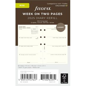Filofax Calendar Diary Refill, Mini Size, Week-to-View, Cotton Cream Paper, Unruled, Multilingual: Four Languages, 2025 (C68124-25)