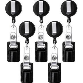 5 Pieces Retractable Pull Pen Pencil Holder Pen Lanyard Leather Portable Pencil Pen Badge Reel Clip for Carpenter Pencil Nurses Teachers Waitresses Workers Contractors School Office Supplies (Black)