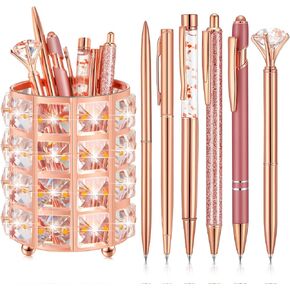 Sabary Rose Gold Ballpoint Pen Holder with 6 Glitter Bling Pen Rose Gold Diamond Pencil Holder Jeweled Gold Makeup Brush Holder Organizer for Women Girl Office School Desk Supplies Accessories