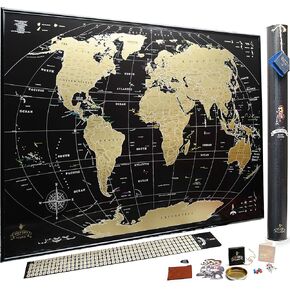 Scratch Off map 16x24 Black Gold Detailed USA States Deluxe Tracker Pin World Map MyMap Travel map Wall Poster Push pin map Includes Pins Tube Poster Map to Scratch Wall Décor Birthday Gift IDea…