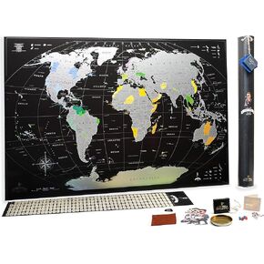 Scratch Off map 16x24 Black Gold Detailed USA States Deluxe Tracker Pin World Map MyMap Travel map Wall Poster Push pin map Includes Pins Tube Poster Map to Scratch Wall Décor Birthday Gift IDea…
