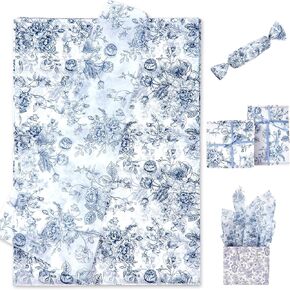 120 Sheets Blue Floral Tissue Paper Chinoiserie Gift Wrapping Paper Vintage Blue White Flowers Packaging Paper Patterned Paper Bulk for Baby Shower Wedding Birthday Party Decor, 14 x 20 Inch