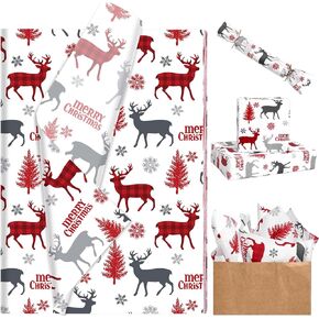100 Sheets 20 * 14 Inches Christmas Tissue Paper for Gift Bags Red Grey Xmas Tree Buffalo Plaid Elk Snowflake Printed Tissue Paper Rustic Art Tissue for Xmas Party Winter Holidays Craft
