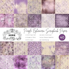 XERE 40 Sheets Scrapbook Paper, 6x6 Ephemera Pattern Paper Pack for Journaling Notebooks, Sketchbook, Bookmark Making, Junk Journal, Scrapbook Art Supplies (Purple)