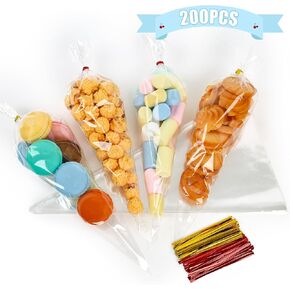 VGOODALL 200PCS Cone Cellophane Bags, Clear Plastic Gift Bags Cone Treat Bags with Twist Ties Cookie Bags Candy Bags with Star Pattern for Party Christmas Gift Wrapping