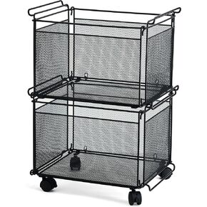 Presa Rolling Collapsible Stackable File Storage Organizer Basket, Set of 2, Black