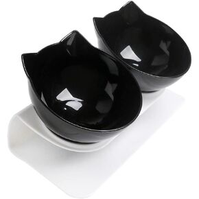 Skrtuan Double Cat Dog Bowls Elevated Cat Dog Feeding Bowl with Raised Stand 15° Tilted Pet Food Water Feeder Bowl for Cats Small Dogs Kitten Dishes Rabbits, Anti Vomiting Reduce Neck Pain(Black)