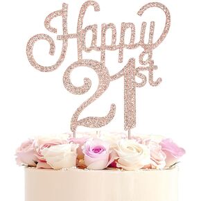Happy 21st Birthday Rose Gold Rhinestone Cake Topper-21st Birthday Party/Anniversary,Cheers To 21 Years Old Birthday Party Metal Sparkly Centerpieces Decorations Gift for Girls