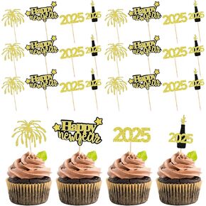 New Years Cupcake Toppers, 24-Pack Black and Gold NYE Cupcake Toppers Happy New Year Cake Topper Decorations, 2025 Cupcake Toppers 2025 Cake Topper for New Year Cake Topper and New Years Toothpicks