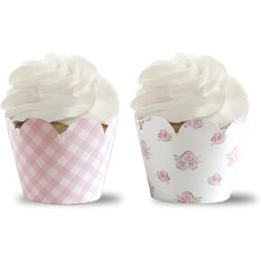 Pink Gingham and Pink Floral Cupcake Wrappers,Pink Party Supplies,Baby Shower-36 Count