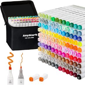 AnyMark 120 Colors Alcohol Markers, Markers Set, Dual Tip Alcohol Based Art Markers for Kids Adults Coloring Drawing, Chisel & Fine