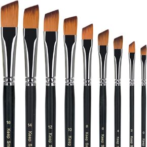 Angular Paint Brushes Set, 9 Pcs Angled Paintbrushes Long Handle for Acrylic Oil Watercolor Gouache Painting, Nylon Hair Angle Shader Brush for Beginner and Artist Professional