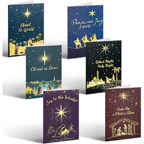 YANGTE 36 Pack Religious Christmas Cards Boxed with Envelopes & Stickers Set - Gold Foil Religious Blank Inside Christmas Greeting Card, 6 Assorted 4" x 6" Creations Scenes Nativity Christmas Cards