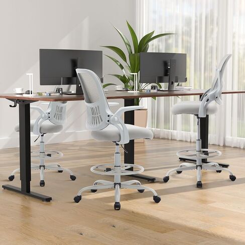 Sweetcrispy Tall Drafting Desk Chair - Ergonomic High Stool Computer with Adjustable Height and Comfy Lumbar Support, Office Rolling Counter for Standing Desk with Flip-up Arm and Footrest, Black in Saudi Arabia