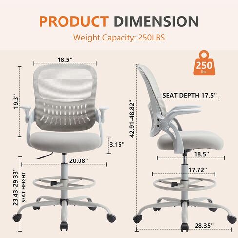 Sweetcrispy Tall Drafting Desk Chair - Ergonomic High Stool Computer with Adjustable Height and Comfy Lumbar Support, Office Rolling Counter for Standing Desk with Flip-up Arm and Footrest, Black in Saudi Arabia