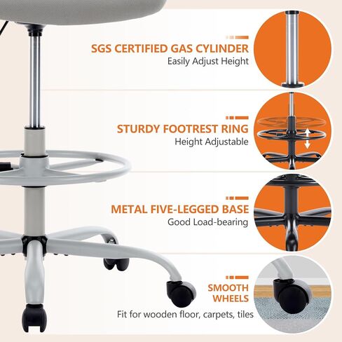 Sweetcrispy Tall Drafting Desk Chair - Ergonomic High Stool Computer with Adjustable Height and Comfy Lumbar Support, Office Rolling Counter for Standing Desk with Flip-up Arm and Footrest, Black in Saudi Arabia