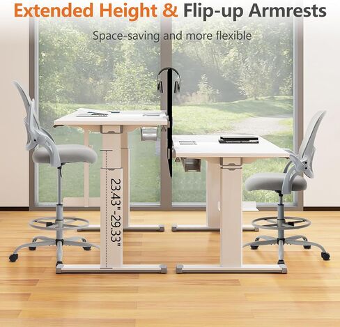Sweetcrispy Tall Drafting Desk Chair - Ergonomic High Stool Computer with Adjustable Height and Comfy Lumbar Support, Office Rolling Counter for Standing Desk with Flip-up Arm and Footrest, Black in Saudi Arabia