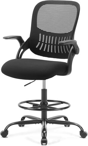 Sweetcrispy Tall Drafting Desk Chair - Ergonomic High Stool Computer with Adjustable Height and Comfy Lumbar Support, Office Rolling Counter for Standing Desk with Flip-up Arm and Footrest, Black in Saudi Arabia