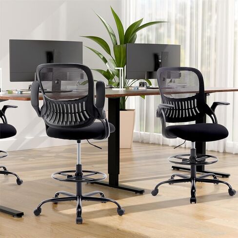Sweetcrispy Tall Drafting Desk Chair - Ergonomic High Stool Computer with Adjustable Height and Comfy Lumbar Support, Office Rolling Counter for Standing Desk with Flip-up Arm and Footrest, Black in Saudi Arabia