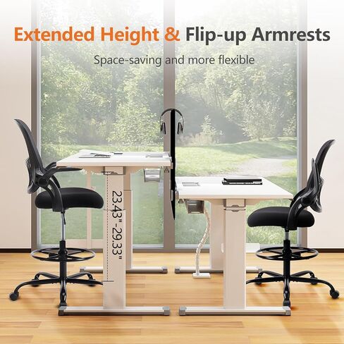 Sweetcrispy Tall Drafting Desk Chair - Ergonomic High Stool Computer with Adjustable Height and Comfy Lumbar Support, Office Rolling Counter for Standing Desk with Flip-up Arm and Footrest, Black in Saudi Arabia