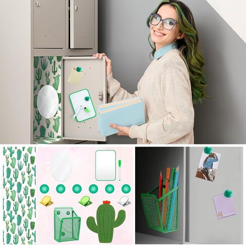 Harloon 15 Pcs Locker Decoration and Organizer Kit Tropical Locker Wallpaper Magnetic Pen Holder Magnetic Mirror Whiteboard Marker Cork Board with 3 Push Pins 3 Magnetic Clip 6 Magnets (Cactus) in Kuwait