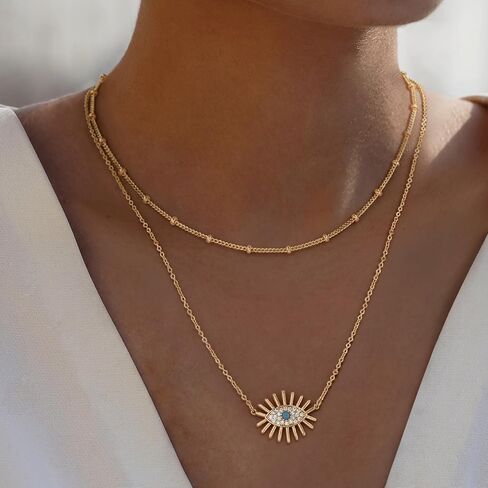 BENEIGE Evil Eye Necklace 14K Gold Plated Cute Dainty Cubic Zirconia Colored Eye Hamsa Pendant Choker Handmade Everyday Minimalist Jewelry for Women… in Kuwait