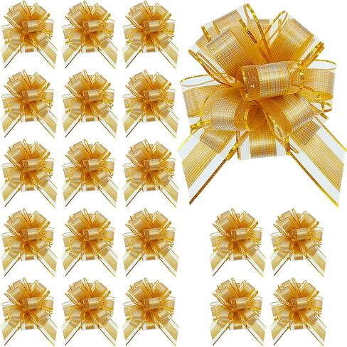 20 Pieces Pull Bow Gift Wrapping Pull Bow Ribbon Pull Bows for Christmas Wedding Baskets Valentine's Day Bows (Gold) in Saudi Arabia