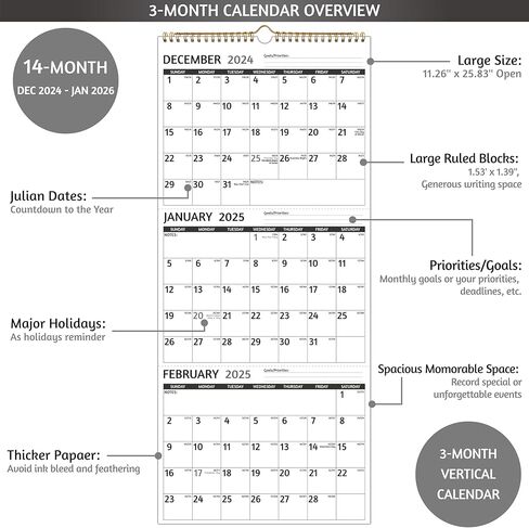 2025 Wall Calendar - 3 Month Calendar 2025 Vertical, Jan 2025 - Dec 2025, 3 Month Wall Calendar 2025, 11 x 26 In Open, 2025 Calendar Monthly with Large Print, Holidays, Thick Paper, Priorities ＆ Notes in Saudi Arabia