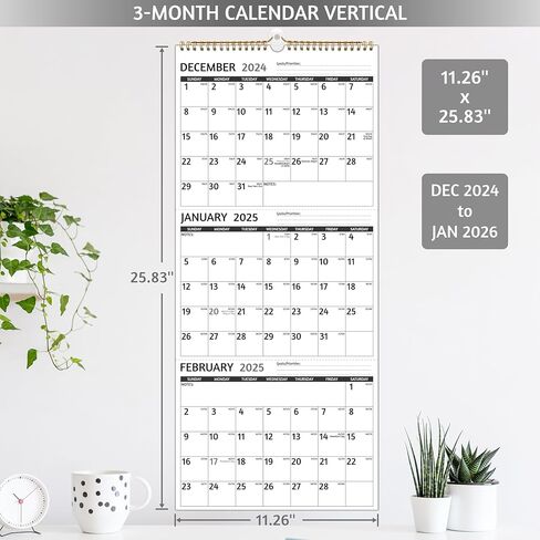 2025 Wall Calendar - 3 Month Calendar 2025 Vertical, Jan 2025 - Dec 2025, 3 Month Wall Calendar 2025, 11 x 26 In Open, 2025 Calendar Monthly with Large Print, Holidays, Thick Paper, Priorities ＆ Notes in Saudi Arabia