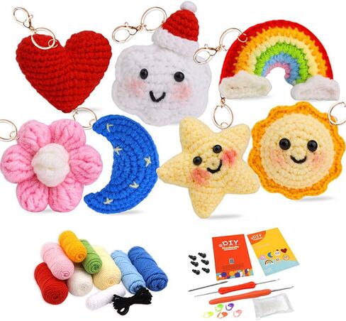 NOTLATE 7PCS Knitting Crochet Kit for Beginners, Craft Knitted Starter Kit with Step-by-Step Video Tutorials, Learn to Crochet Kits for Adults and Kids (Sun/Star/Rainbow/Moon/Clouds/Love/Flowers) in Saudi Arabia