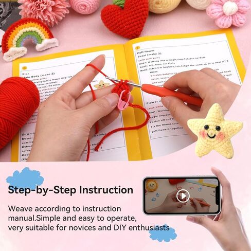 NOTLATE 7PCS Knitting Crochet Kit for Beginners, Craft Knitted Starter Kit with Step-by-Step Video Tutorials, Learn to Crochet Kits for Adults and Kids (Sun/Star/Rainbow/Moon/Clouds/Love/Flowers) in Saudi Arabia