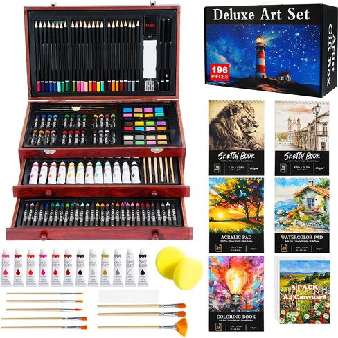 196 Piece Art Kit, Deluxe Art Supplies Painting Art Set with 5 Drawing Pad, Canvases, Acrylic Paint, Oil Pastels, Crayons, Colored Pencils in Wooden Art Box, Gifts for Kids Girls Boys Adults Beginners in Saudi Arabia