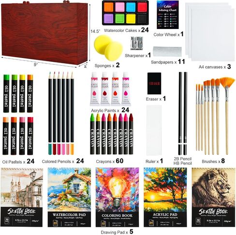 196 Piece Art Kit, Deluxe Art Supplies Painting Art Set with 5 Drawing Pad, Canvases, Acrylic Paint, Oil Pastels, Crayons, Colored Pencils in Wooden Art Box, Gifts for Kids Girls Boys Adults Beginners in Saudi Arabia